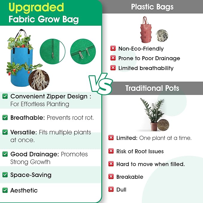 3 Piece Upside Down Tomato & Strawberry Planter Set - Hanging Grow Bags with 4 Side Zippers & 1 Bottom Zipper - Tomato Kit & Strawberry Kit for Easy Vertical Gardening
