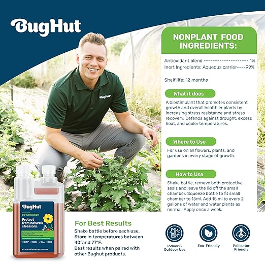 BugHut De-Stressor Plant Food - Natural Antioxidant for Healthy Growth and Protection - Liquid Antioxidant for Indoor and Outdoor Plants, Flowers, Vegetables - 16 fl oz, Makes 63 gallons