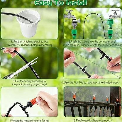 50FT Garden Drip Irrigation Kit - DIY Misting Cooling System with 1/4" Tubing & Adjustable Atomizing Nozzles for Greenhouse, Patio, Raised Beds, Potted Plants
