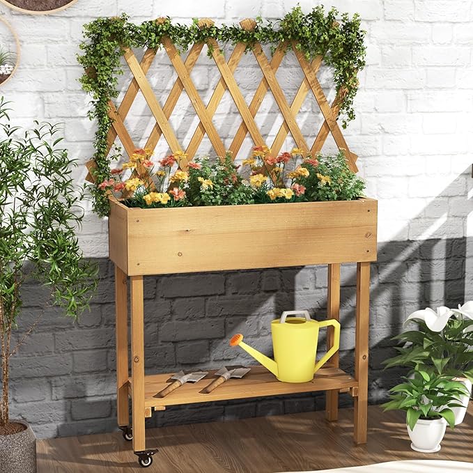 Raised Garden Bed with Trellis, Fir Wood Elevated Planter Bed with Legs, 2 Lockable Wheels & Storage Shelf, Wooden Planter Box Raised Bed for Gardening, Backyard, Balcony & Greenhouse