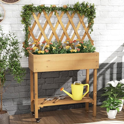 Raised Garden Bed with Trellis, Fir Wood Elevated Planter Bed with Legs, 2 Lockable Wheels & Storage Shelf, Wooden Planter Box Raised Bed for Gardening, Backyard, Balcony & Greenhouse