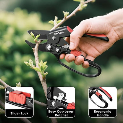 FLORA GUARD Ratchet Pruning Shears, Pruning Shears with Reinforced Structure, 3x Cutting Power, Sharp Gardening Scissors for Branches up to 7/8 in, Ideal for Weak Hands