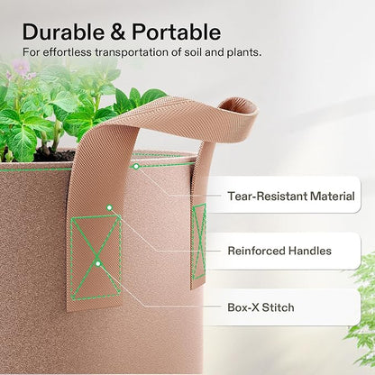 VIVOSUN 5-Pack 25 Gallons Grow Bags Heavy Duty Thickened Nonwoven Fabric Pots with Strap Handles Tan