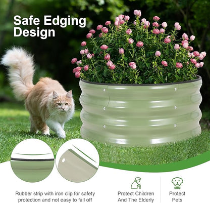Galvanized Raised Garden Bed- 2Pcs 2x2x1FT Metal Planter Boxes Outdoor | Round Steel Raised Bed Kit & Fire Pit Ring for Gardening with Protective Tape, Gloves for Vegetables, Flower (Green)