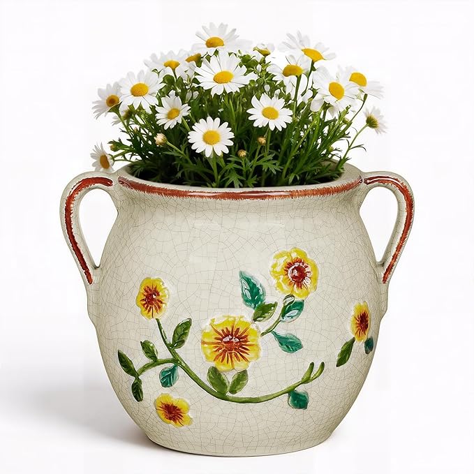 EFISPSS 6 Inch Vintage Ceramic Flower Pot with Relief Design & Handles,Ceramic Cracked Flower Pot with Drainage Hole for Indoor Plants,Tuscan Home Garden Decor (Living Room,Gift Ideas)