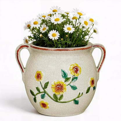 EFISPSS 6 Inch Vintage Ceramic Flower Pot with Relief Design & Handles,Ceramic Cracked Flower Pot with Drainage Hole for Indoor Plants,Tuscan Home Garden Decor (Living Room,Gift Ideas)