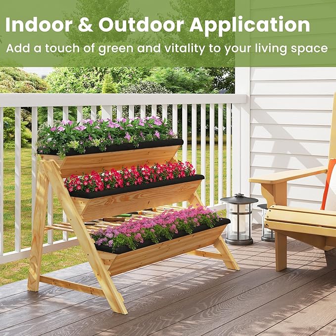 3-Tier Raised Garden Bed, Vertical Garden Planter w/Storage Shelf, Bed Liner & 2 Side Hooks, Wood Elevated Planter Box Outdoor for Plants Vegetables Flowers Herbs,Natural (46" x 29" x 31.5")