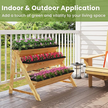 3-Tier Raised Garden Bed, Vertical Garden Planter w/Storage Shelf, Bed Liner & 2 Side Hooks, Wood Elevated Planter Box Outdoor for Plants Vegetables Flowers Herbs,Natural (46" x 29" x 31.5")