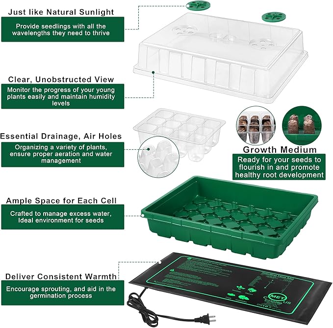 Seed Starter Kit with Grow Light Seedling Heat Mat 48 Cells Seed Starter Tray with Humidity Dome and Base Germination Trays Plastic Growing Trays Plant Propagation Kit for Seed Starting, Green