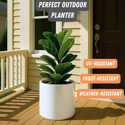 Fox & Fern Large 12 Inch Planter - Lightweight Fiberstone Glossy White Plant Pot - Drainage Plug - Large Indoor & Outdoor Floor Planter - 12 Inch Pots for Plants - Weather Resistant & UV Resistant