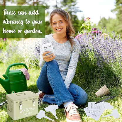 Maitys Seed Storage Container Box with Lid Garden Seed Packet Storage Organizer Decorative with Dividers and 100 Plant Labels 50 Seeding Envelopes 2 Marker Pens(Classic,8.7 x 5.9 x 6.3)