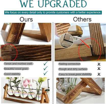XXXFLOWER Plant Terrarium with Wooden Stand, Wall Hanging Glass Planter Tabletop Propagation Station Metal Swivel Holder Retro Rack for Hydroponics Home Garden Office Decoration - 5 Bulb Vase