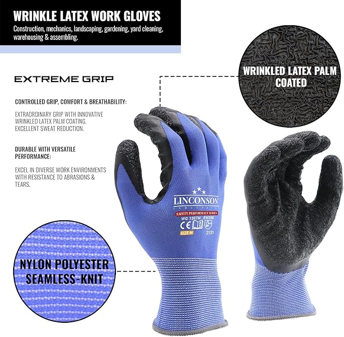 linconson 12 Pack Safety Performance Series Construction Mechanics Wrinkle Latex Work Gloves