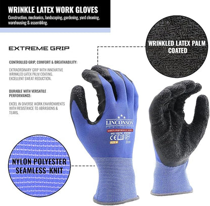 linconson 12 Pack Safety Performance Series Construction Mechanics Wrinkle Latex Work Gloves