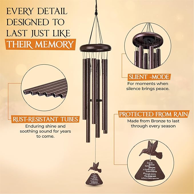 32 Inch Hummingbird Memorial Wind Chimes Outdoor, Sympathy Gifts for Loss of Loved One, Memorial Gifts for Loss of Mom, Sympathy Wind Chimes for Mother, Father, Brother, Sister