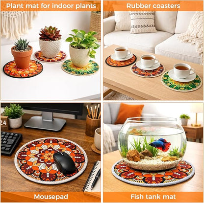 6 Pieces 7.87“ Boho Round Rubber Plant Coasters Absorbent Fabric Mats, No Smell,Non Slip Protects Surfaces, Fast Drying, for Indoor & Outdoor Plants or Pots.