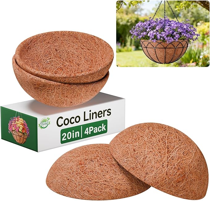 Halatool 4 Pack 20 Inch Coconut Liners for Planters 100% Natural Hanging Basket Liners Round Coco Coir Liner for Balcony Garden Patio Porch Home Decor