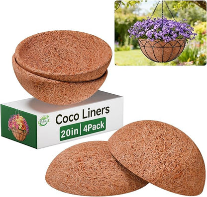 Halatool 4 Pack 20 Inch Coconut Liners for Planters 100% Natural Hanging Basket Liners Round Coco Coir Liner for Balcony Garden Patio Porch Home Decor