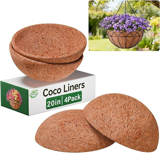 Halatool 4 Pack 20 Inch Coconut Liners for Planters 100% Natural Hanging Basket Liners Round Coco Coir Liner for Balcony Garden Patio Porch Home Decor