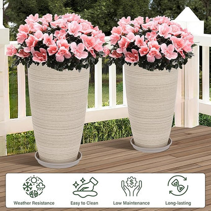 Set of 2 Tall Planter, 21 inch Large Plastic Planter with Drain Hole & Saucers, Large Outdoor Planters for Porch, Garden, Patio, Balcony(Oat Color)