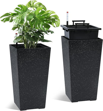 22.5" Tall Self Watering Planters Set of 2, Indoor Outdoor Plant Pots with Water Level Monitor & Drainage Holes, Automatic Watering System for Patio Garden Decor, Black