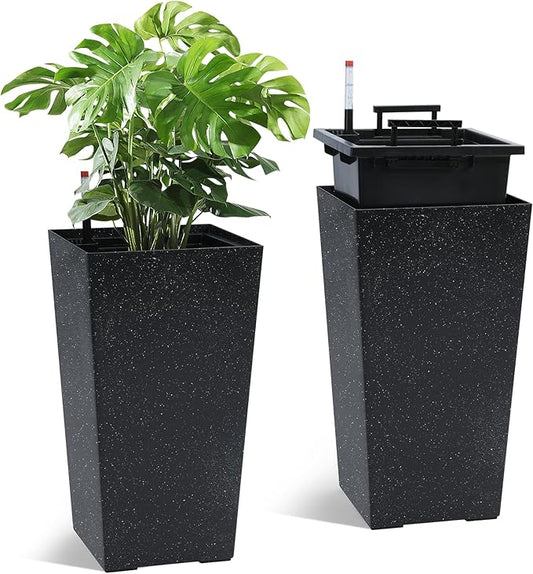 22.5" Tall Self Watering Planters Set of 2, Indoor Outdoor Plant Pots with Water Level Monitor & Drainage Holes, Automatic Watering System for Patio Garden Decor, Black