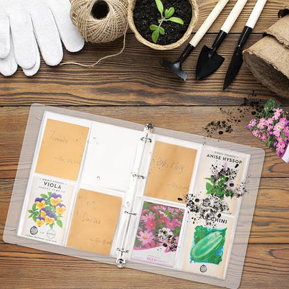 Seed Packet Organizer Kit - 100Pcs Seed Saving Envelopes, 25Pack Clear Sleeves (4 Pockets Each, Slot Size 3.9" x 5.2"), Fit for Standard Seed Packets, and 1x 4-Ring Binder Included-Blue