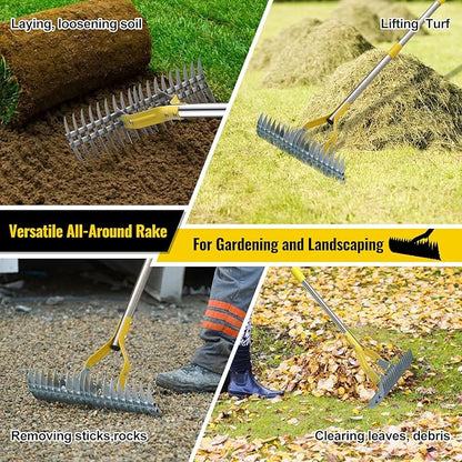 Garden Leaf Rake,Dual Function Thatching Rake for Lawn Dead Grass Leaves, Stainless Steel Heavy Duty 69” Lawn Dethatcher with Sharp 19 Tines, Fast Weeds, Leaf, Thatch, Dead Grass Removal Garden Tool