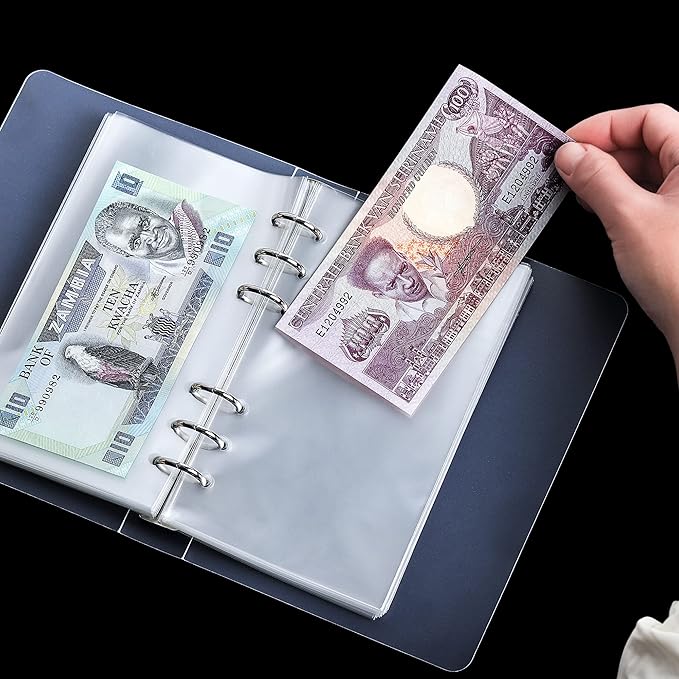 100 Pocket Currency Album - 7 × 4 inch Portable Banknotes Holder Dollar Paper Money Sleeves Storage Book for Bills Documents Tickets Trading Cards Stamps Collection Supplies AN0501BK