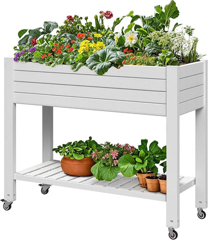 DWVO Raised Garden Bed Kit, 3.6 x 1.5 x 2.8 FT Outdoor Plastic Planter Box with Wheels and Legs, Garden Box with Drain Plug & Storage Shelf for Planting Vegetables, Flowers, and Herbs, Grayish-White