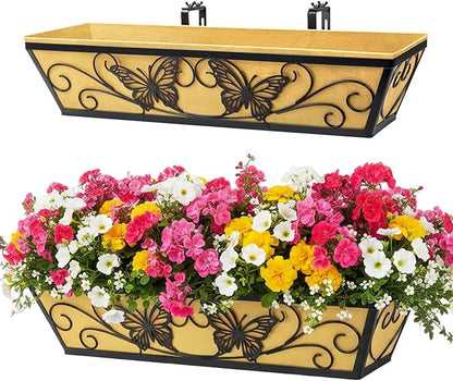 2 Pack 24 Inch Window Boxes Planter Railing Planters Box with Adjustable Brackets for Porch Deck Balcony Hanging Butterfly Decorative Flower Baskets & Non-Woven Fabric Liner for Outdoor Plants - Black