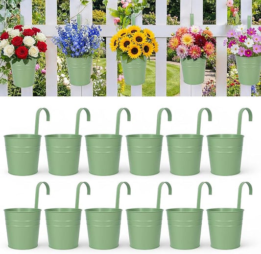 HowRU Hanging Flower Pots, Railing Planter Box for Outdoor Plants 12 Pack 5 Inch Metal Hanging Planters with Detachable Hooks Balcony Window Fence Garden Decoration Flower Boxes (Green)