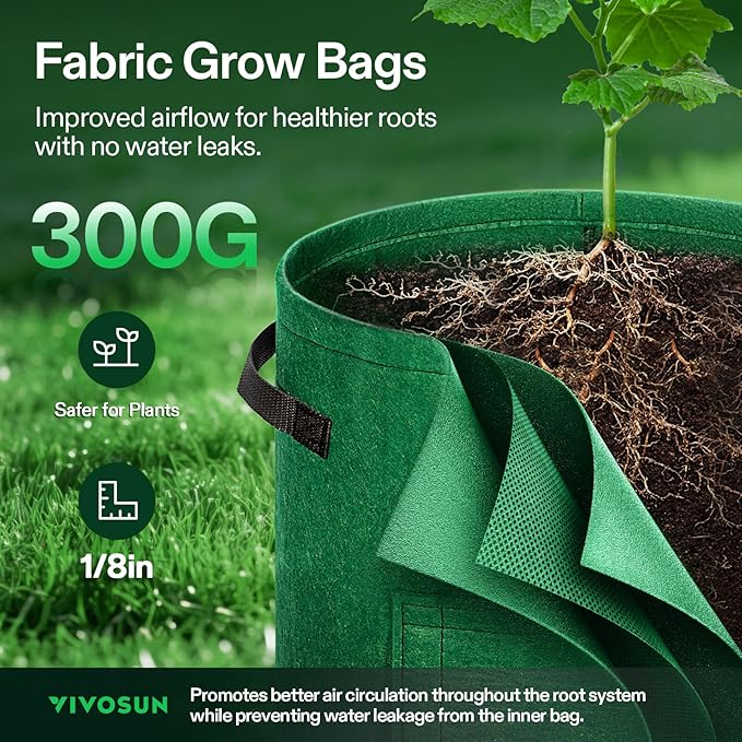 VIVOSUN 5-Pack 10 Gallon Potato Grow Bags for Growing Potatoes, Fabric Potato Pots with Handle and Roll-up Window, Potato Growing Containers Potato Planter Potato Planter for Growing Potatoes, Green