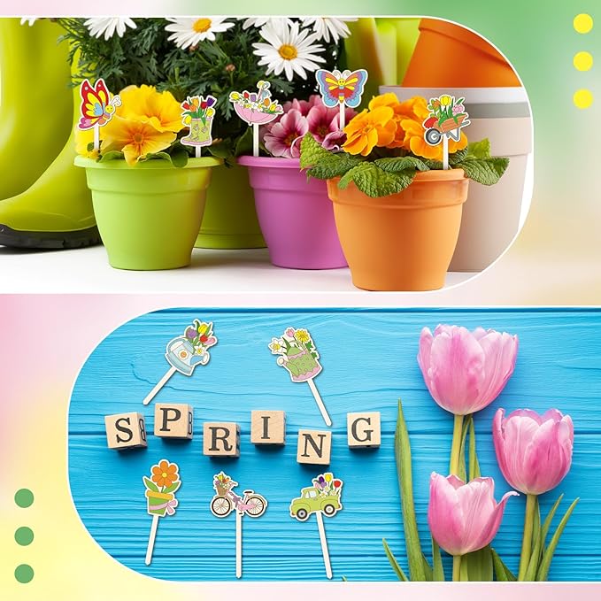 15 Pcs Wooden Spring Plant Stakes Crafts Color Your Own Spring Sticks for Plant DIY Craft Kits Unfinished Wood Cutouts Butterfly Watering Can Snail Flower Shape for Gardener Gardening Gifts