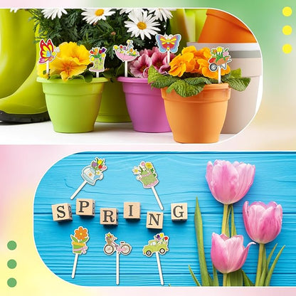 15 Pcs Wooden Spring Plant Stakes Crafts Color Your Own Spring Sticks for Plant DIY Craft Kits Unfinished Wood Cutouts Butterfly Watering Can Snail Flower Shape for Gardener Gardening Gifts