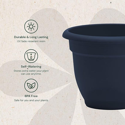 Bloem Ariana 10" Navy Round Self-Watering Resin Planter Pot - Rolled Rim Indoor and Outdoor Gardening Planter