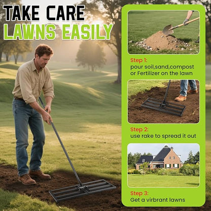 Lawn Leveling Rake with Teeth,Lawn Sand Flea Rake Leveling 30”x10” Heavy Duty Leveler,Anti Flipping Smooth Edge,16-77" Adjustable, for Sand,Top Soil Dressing,Yard Landscape,Ground Soil, Dirt,Grass