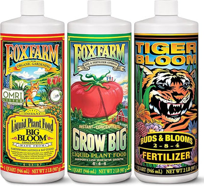 FoxFarm Soil Liquid Trio Pack - Big Bloom, Grow Big, Tiger Bloom Fertilizers for Vigorous Plant Growth, Bud Development & Abundant Fruit - Complete Liquid Plant Food Set - 3 Quart Bottles