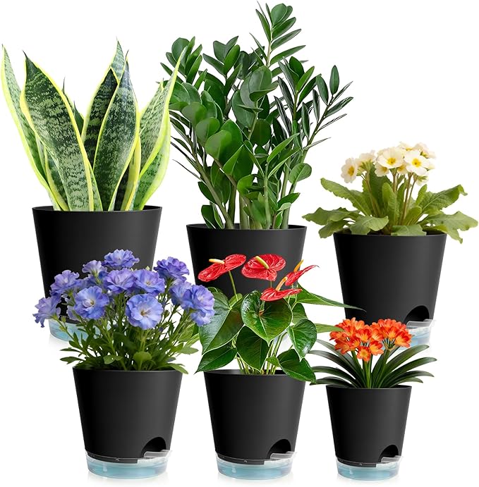 GARDIFE 2026 Upgraded Self Watering Plant Pots with Drainage Hole, 7/6.5/6/5.5/5/4 Inch Flower Planting Containers for House Plants, African Violet, Flowers, Cactus (Black, 7+6.5+6+5.5+5+4 inch)