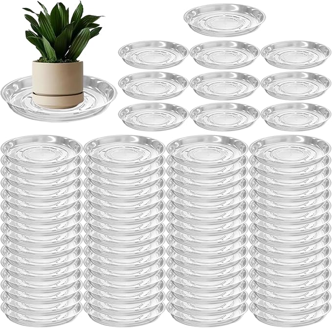 70 Packs 10" Clear Plant Saucers for Indoor Outdoor Use Heavy Duty Plastic Plant Trays for Planter Flower Pot Drip Trays to Catch Water, Bulk 4 to 20 Inch, Round Transparent