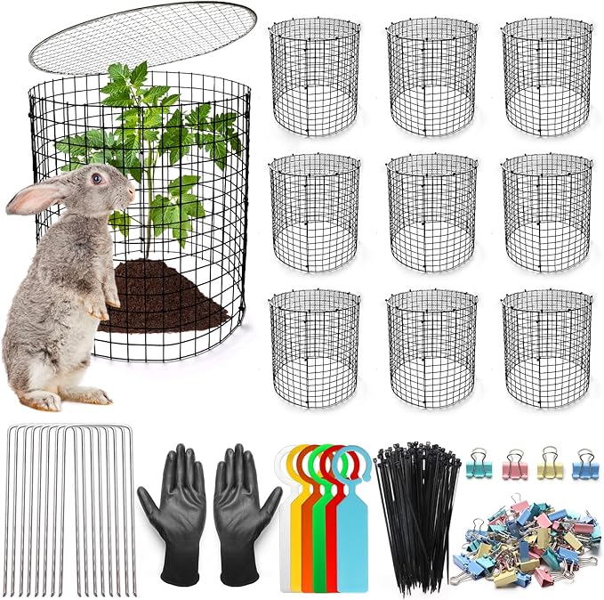 AHIER 10 PCS Chicken Wire Plant Protector from Animals with Covers, Plant Cages for Outdoor Plants to Keep Animals Out Including 30pcs Metal Mesh, Covers, Ground Stakes, Labels, Clip, Ties and Gloves