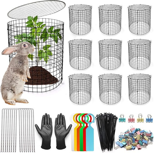 AHIER 10 PCS Chicken Wire Plant Protector from Animals with Covers, Plant Cages for Outdoor Plants to Keep Animals Out Including 30pcs Metal Mesh, Covers, Ground Stakes, Labels, Clip, Ties and Gloves