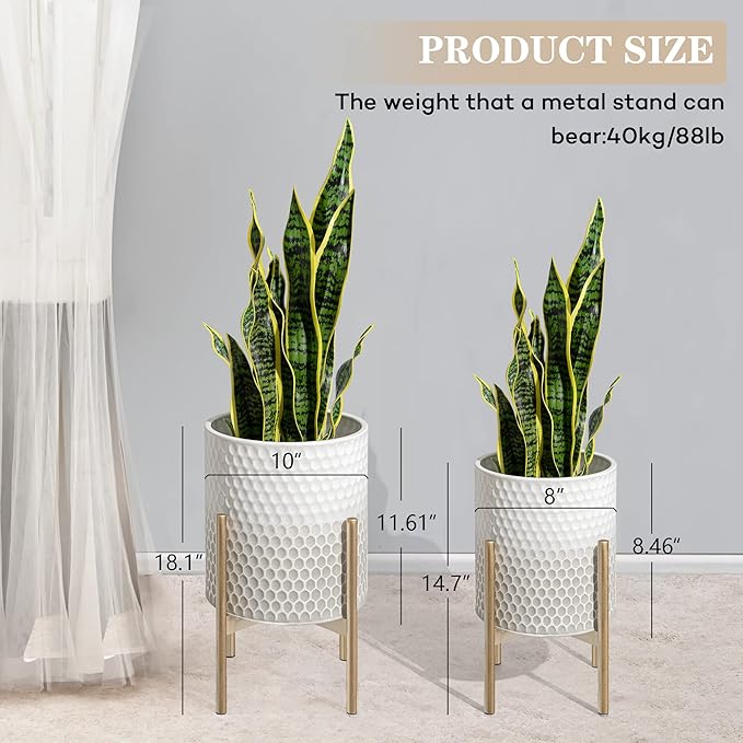 Oakrain Mid Century Planters for Indoor Plants, Set of 2, Modern Decorative Metal Pots for Living Room, Office, Garden or Balcony, Gray and White Gradient Planter with Stand, 8 inch&10 inch