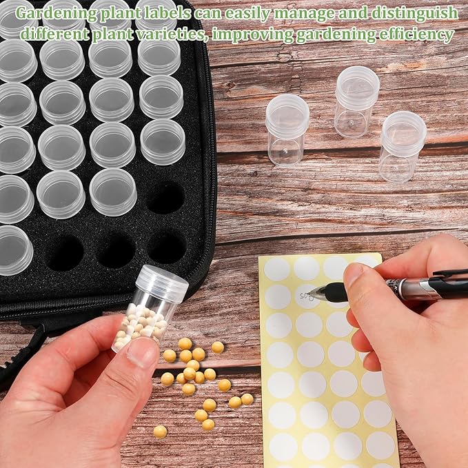 60 Slots Seed Storage Organizer Box with 7 Envelopes, 63 x Label Stickers Garden Seed Organizer with Zipper Bag Storage Container for Vegetable Flower Plants Garden (Black)