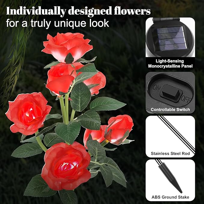 Solar Rose Lights Outdoor, 2 Pack Waterproof Color Changing LED Flower Lights, Solar Powered Garden Stakes for Yard, Patio, Pathway Decor - Artificial Floral Decorative Lighting
