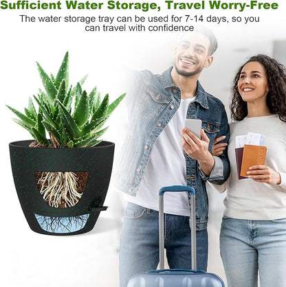 12 Inch Large Self Watering Pots, Flower Pots with Multi-Mesh Drainage Holes and Saucer, Planters for Indoor and Outdoor Garden Plants (Black with Green Speckles)