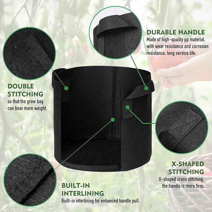 WEIFENG 5-Pack Grow Bags 5 Gallon, Heavy Duty Fabric Pots for Potatoes, Tomatoes, Vegetables - Aeration Prevents Root Rot