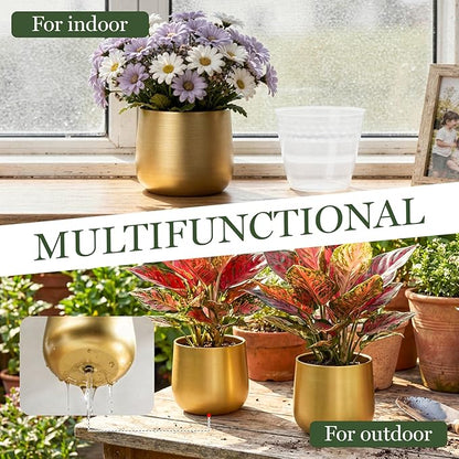 6.3'' Gold Plant Pots Vase for Indoor Plants, Metal Planters with Drainage Hole Waterproof Liner, Set of 2 Modern Decorative Round Gold Planter for Tabletop Succulents Snake Cactus