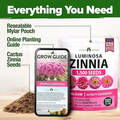 HOME GROWN Pink Zinnia Seeds – 1500 Luminosa Zinnias, Easy to Grow Annual Flower Seeds for Planting Outdoors for 2026, Fast Blooming, Heat Tolerant Herb Seed Garden Companion (Zinnia elegans)