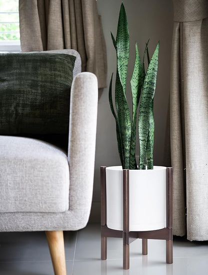 D'vine Dev Planter Pot with Stand - 10 Inch Plastic Cylinder Flower Pot with Wood Planter Holder for Indoor, Matte White Pot + Walnut Color Stand, 55-C-L-1